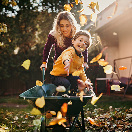 Parent pushes young child in wheel barrow outside